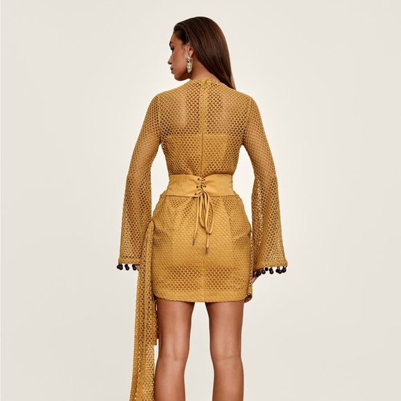 Andrea Iyamah Mustard Gold Long Sleeve Mesh Mini Dress - Picture 3 of 4